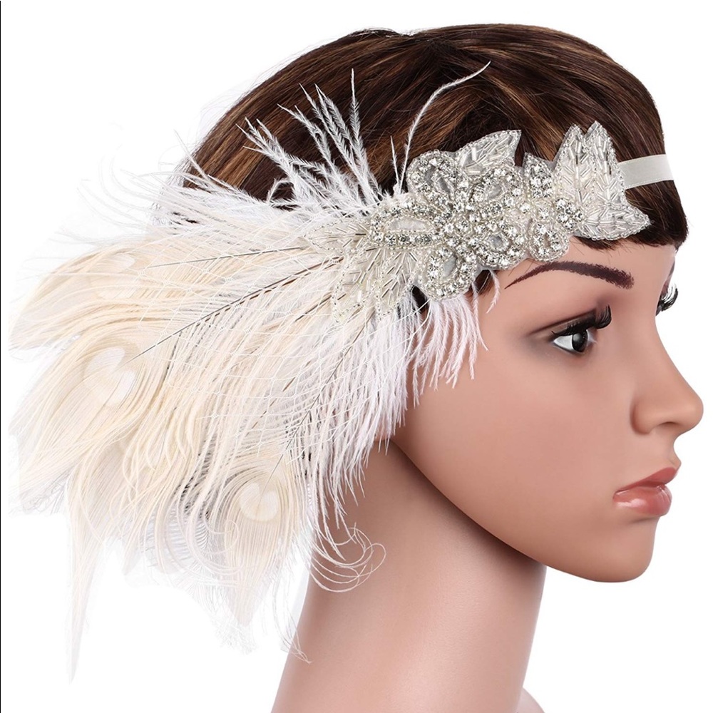 1920s Peacock Feather  Headband With Ribbon